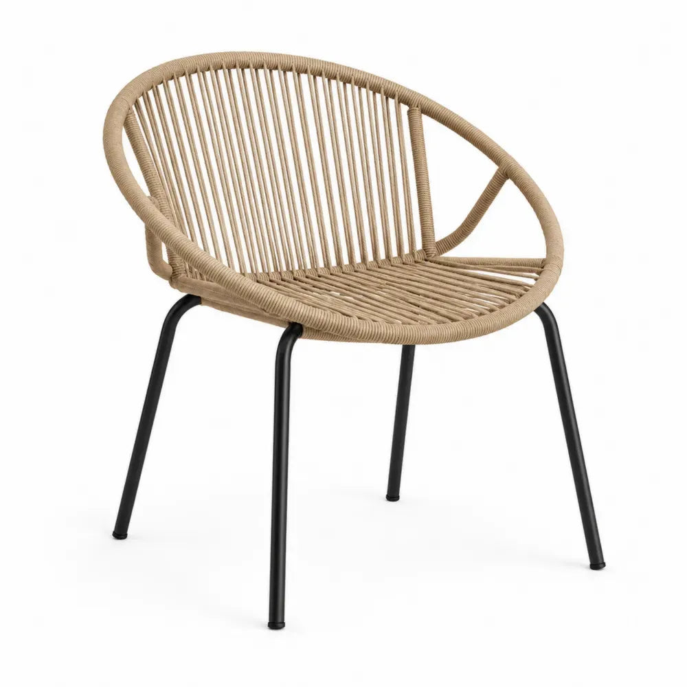 Silla de exterior con asiento envolvente de cuerda de PE trenzada y estructura de acero beige y negro 55 x 60 x 80 cm