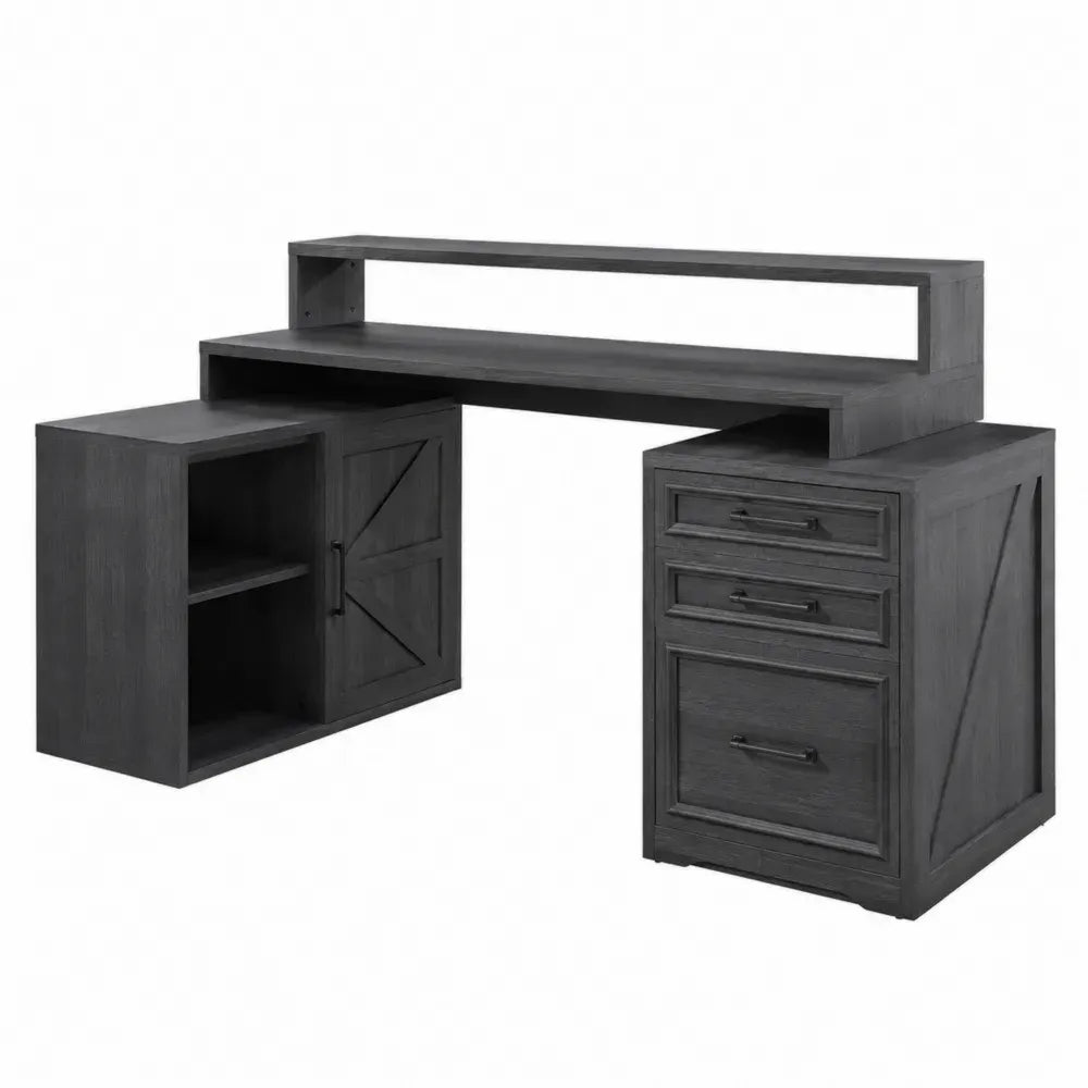 Escritorio en L de MDF con estantería superior y módulos de almacenamiento negro madera 150 cm x 120 cm x 75 cm