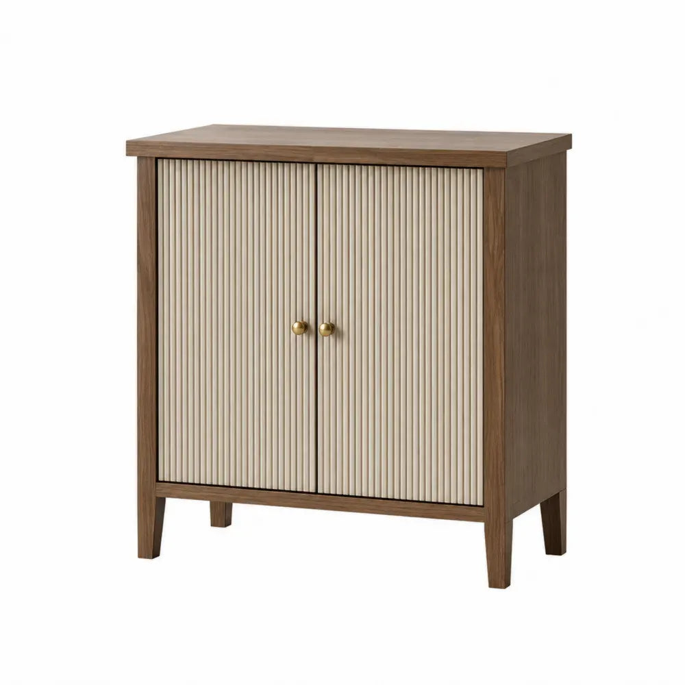 Aparador de cocina y comedor con 2 puertas ranuradas de MDF efecto madera y beige con tiradores dorados 100 x 40 x 90 cm