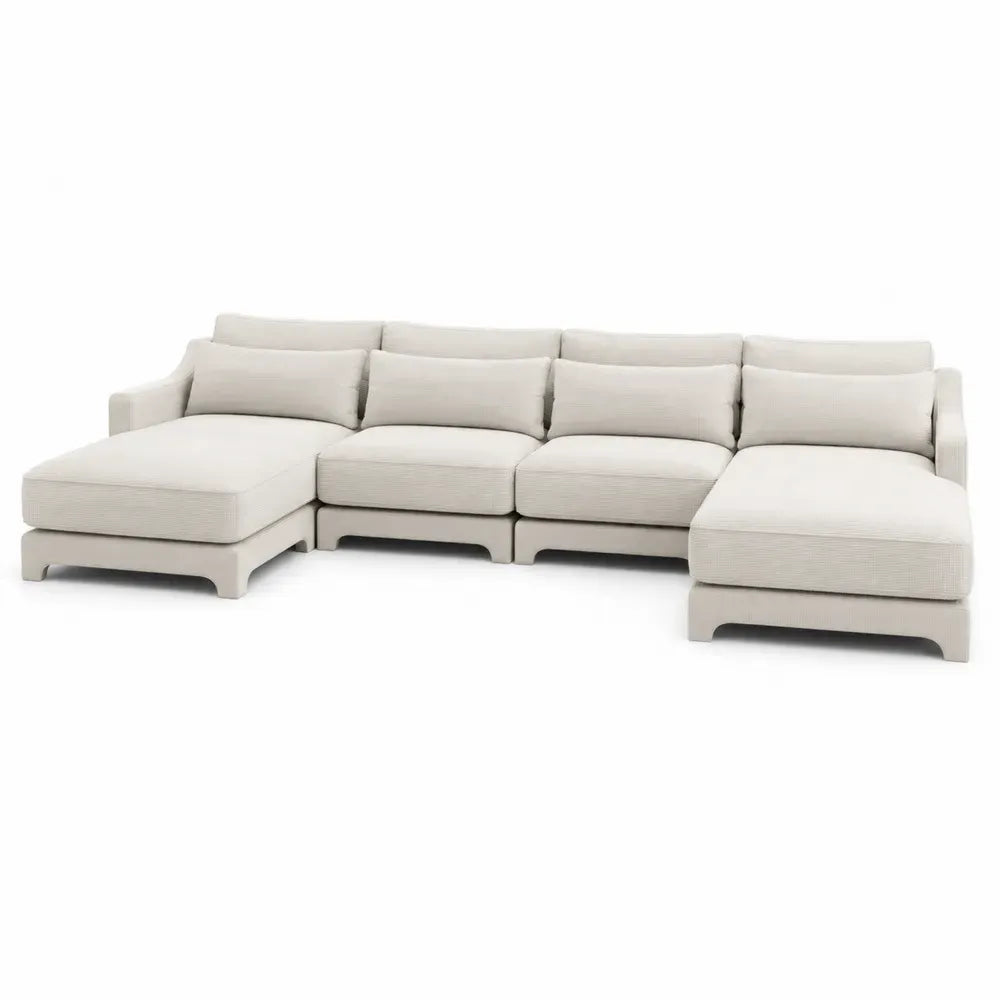 Sofá modular de 4 plazas tapizado en poliéster beige claro con doble chaise longue 300 x 180 x 78 cm