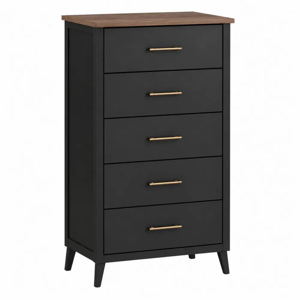 cómoda de 5 cajones MDF con encimera de madera negro y nogal oscuro tiradores metálicos dorados 80 cm x 40 cm x 100 cm
