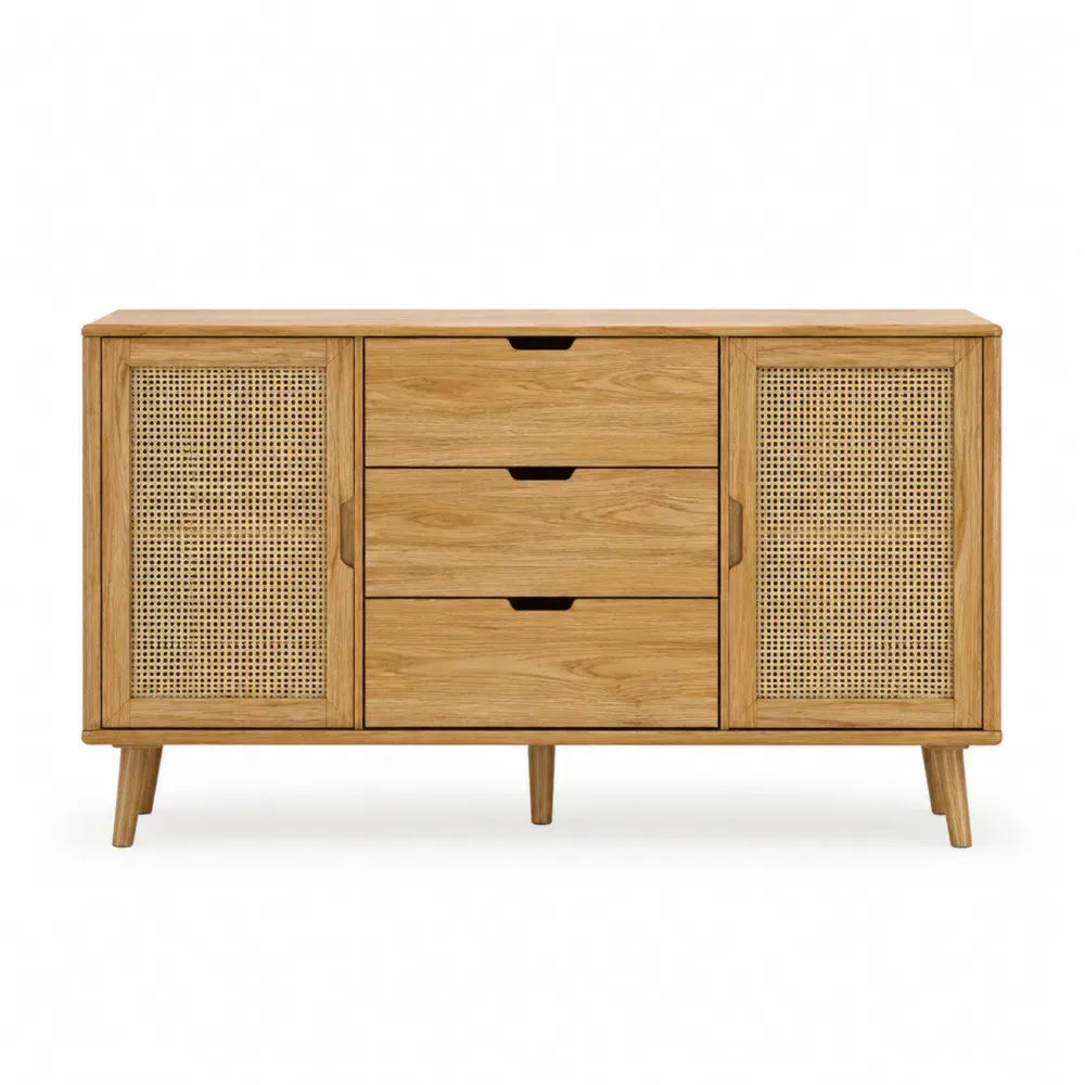aparador buffet de cocina y comedor con 3 cajones y 2 puertas de ratán madera natural estilo moderno 140 cm x 40 cm x 85 cm