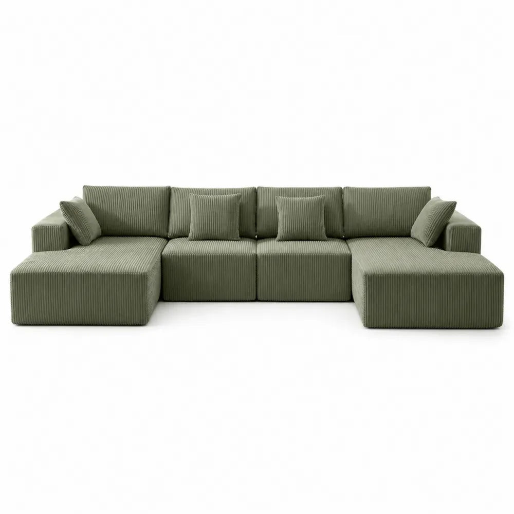 Sofá modular de 4 plazas tapizado en poliéster chenilla verde oliva con doble chaise longue 320 x 180 x 85 cm
