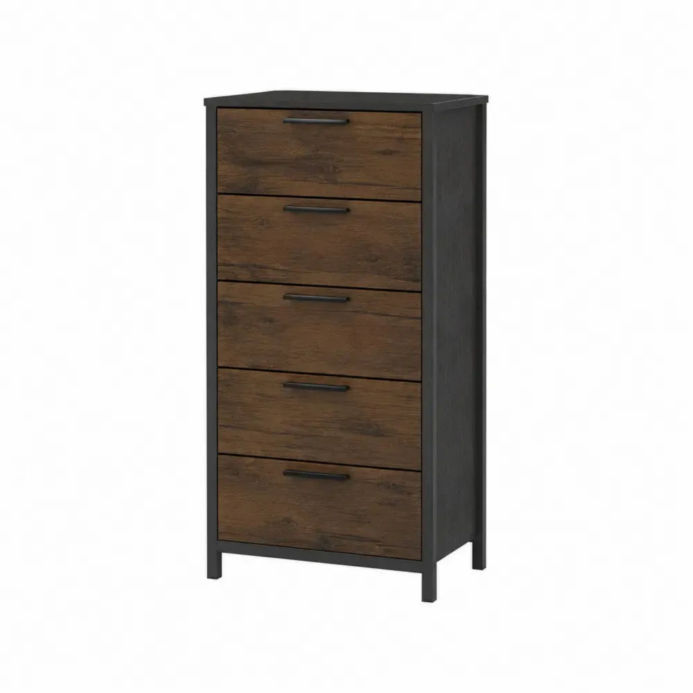 Cómoda rectangular de MDF efecto madera oscura y acero negro con 5 cajones 60 x 40 x 120 cm