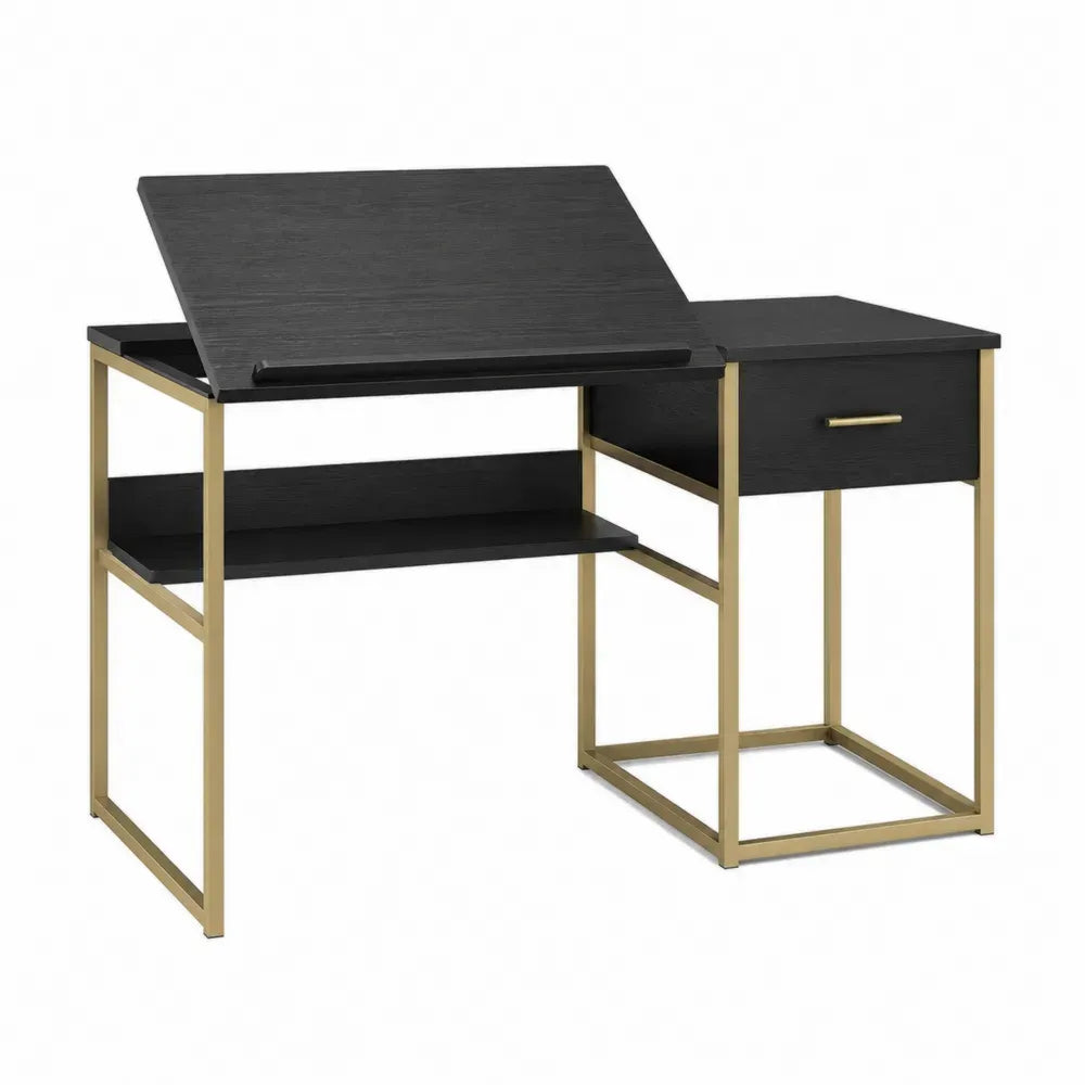 Escritorio de dibujo rectangular con tablero inclinable MDF negro estructura de acero dorada cajón y estante 140 cm x 60 cm x 75 cm