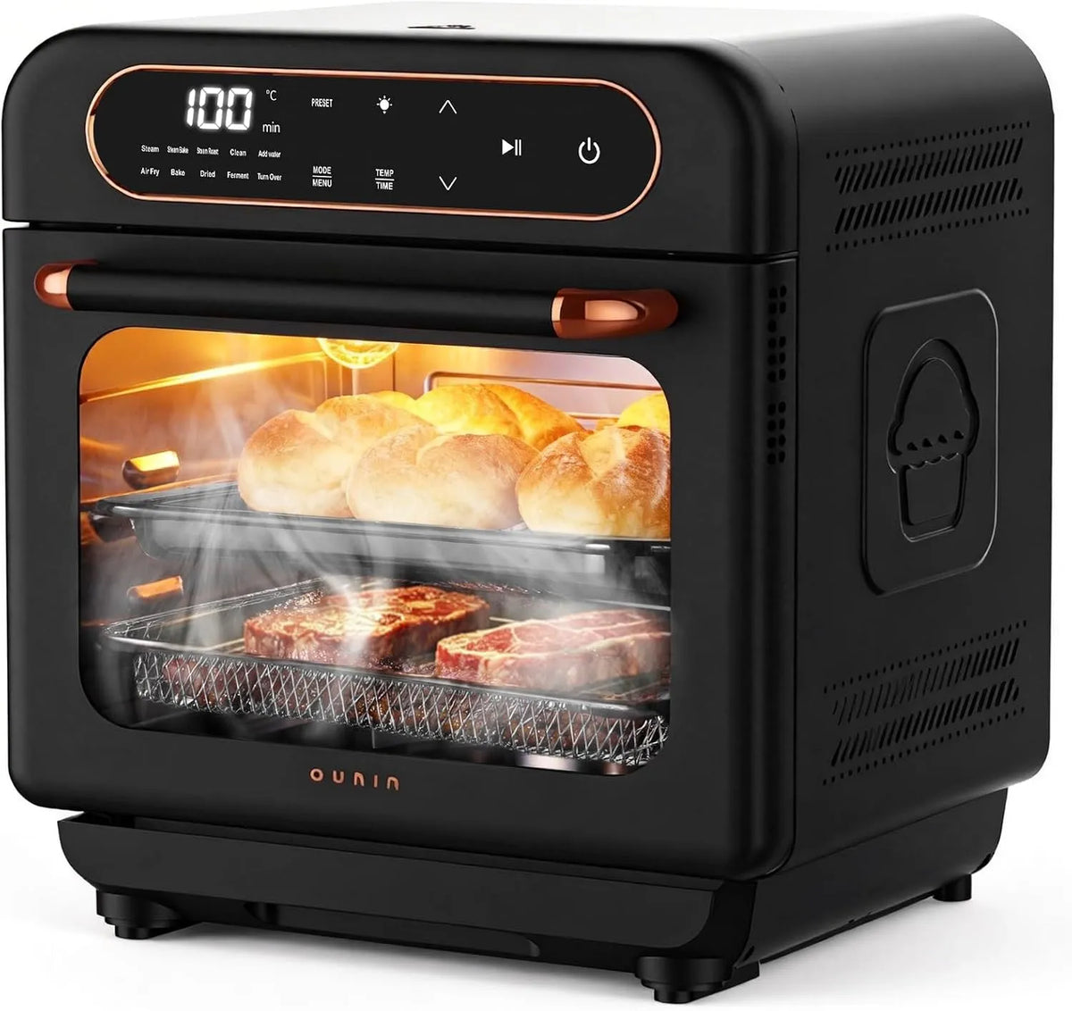 OUNIN 8-in-1, Mini trouby, 12L Mini- trouba, parní trouba a fritéza na horký vzduch, 1100W, Černá / stříbrná, 12L