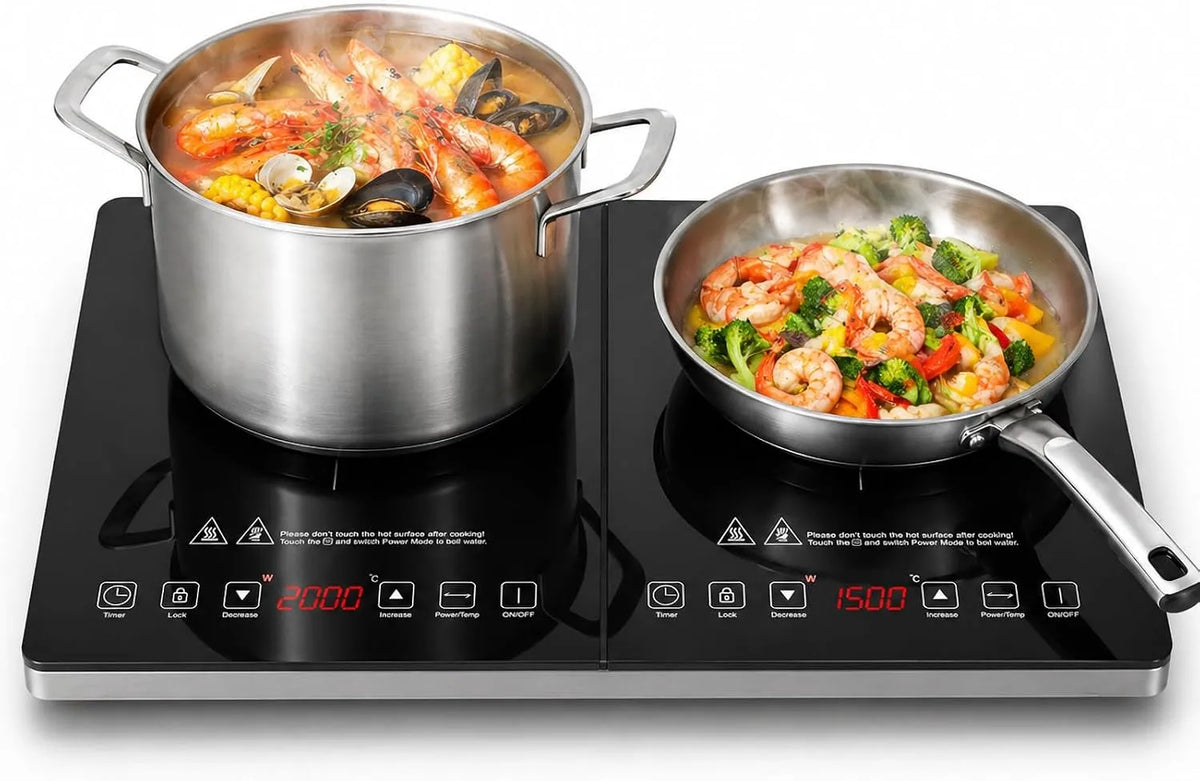 AMZCHEF 3-Stunden-Timer, Elektrické vařiče, 2 desky, 3500W, 2 desky s nezávislým ovládáním, 20 úrovní teploty, více úrovní, Černá, 100 W