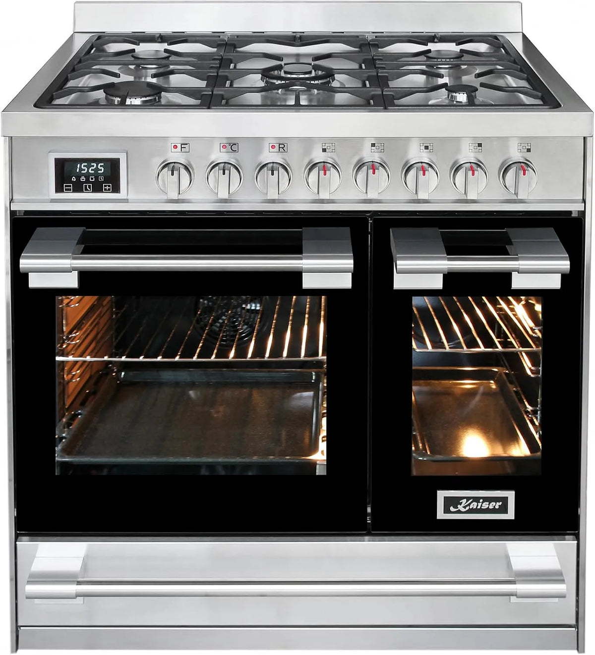 Kaiser, Sporáky, Sporák HGE 93201 R Plynový sporák 90 cm nerezová ocel • Dvouelektrická trouba 115, Stříbrná, 90 cm, 115 L, 3, 7 kW, 0 × 90