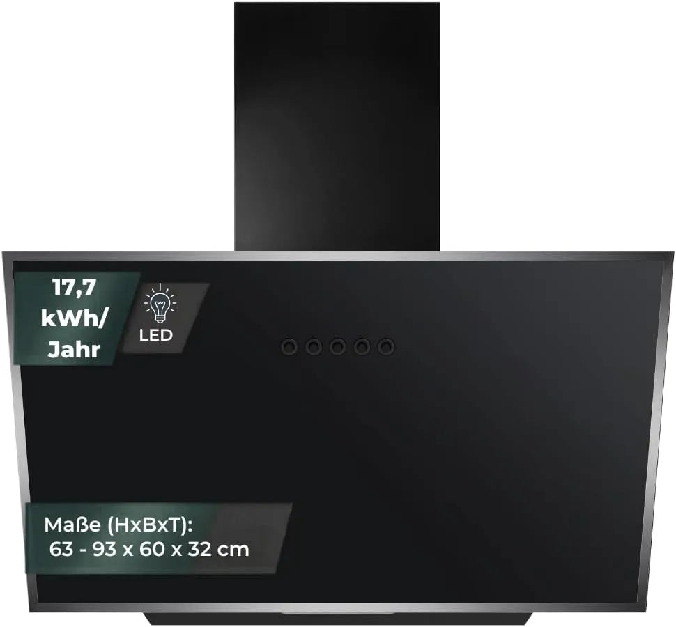 YUNA, Nástěnné digestoře, rozsah kapota DUSICA 60 cm černé sklo přední 3 úrovně výkonu 47W výkon výfukový, Černá, 60 cm, 47W, 68 dB, 63 cm