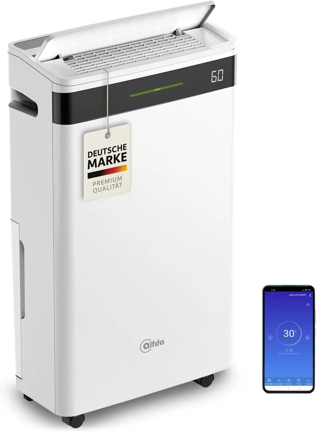alfda AEF2000W, Odvlhčovače vzduchu, odvlhčovač 20 L / den s ovládáním aplikace, Bílá, 2000W, 20 L, 5 L