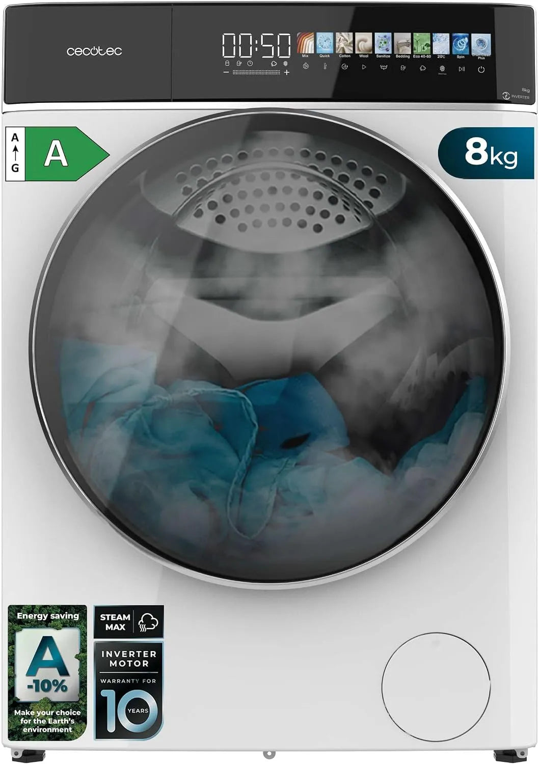 Cecotec, Pračky 8 kg přední nakladač Bolero Dresscode 8900 Inverter Fullcolor A. 8 kg, Bílá, 8 kg, 10.3 ', 52 cm