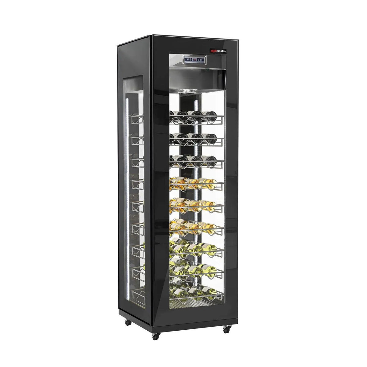 GGM Gastro, Vestavné vinotéky, Panoramatická lednička na víno - 1 klima zóna - 400 litrů - max. 81 lahví, Černá, 400 l, 81 l, 656 mm, 653 mm