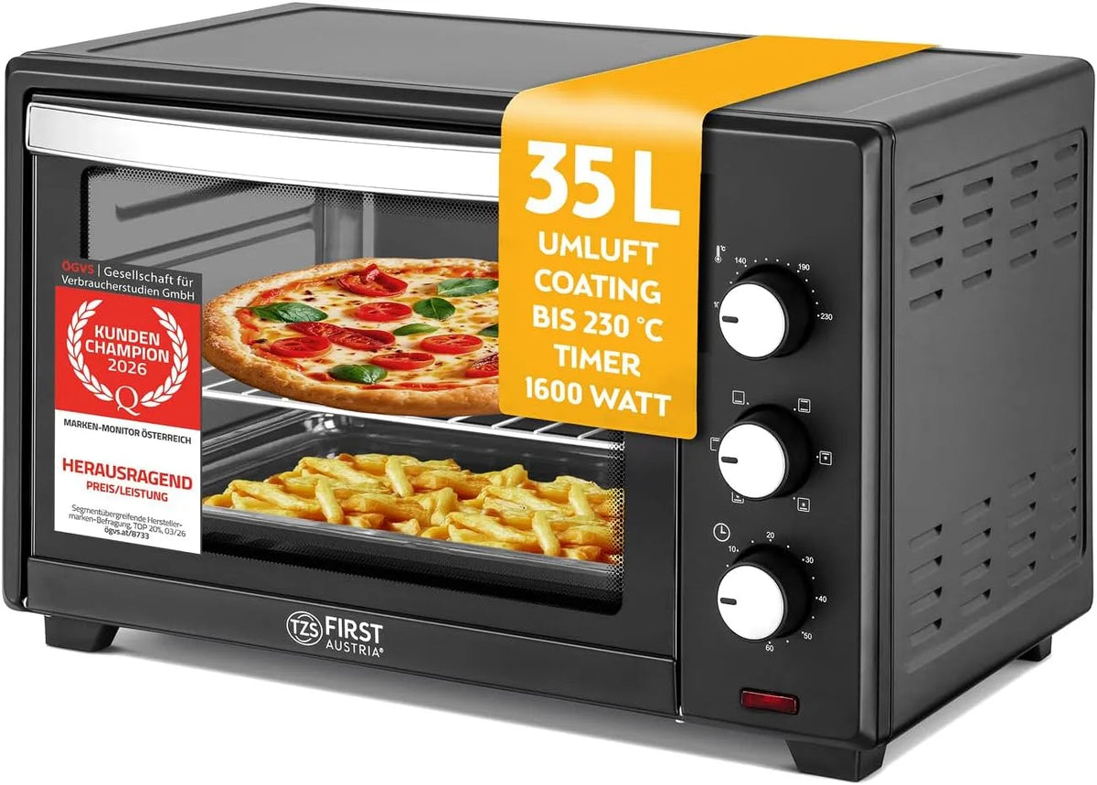 TZS First Austria, Mini trouby, TZS První Rakousko - Minibakkingofen 35L 1600W - Mini Bakingofen Pizzaofen, Černá / stříbrná, 35L, 1600W, 3 v