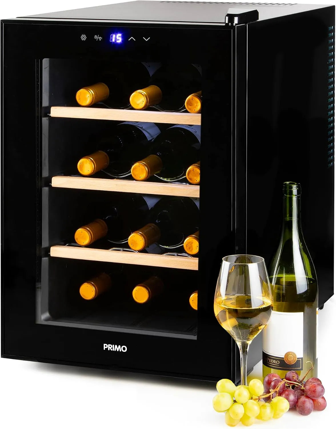 PRIMO PR190WK, Barové chladničky, Lednička na víno, 12 lahví, třída F, volné vysouvání, černá, 190W, 12 l, 37 l, 3 v
