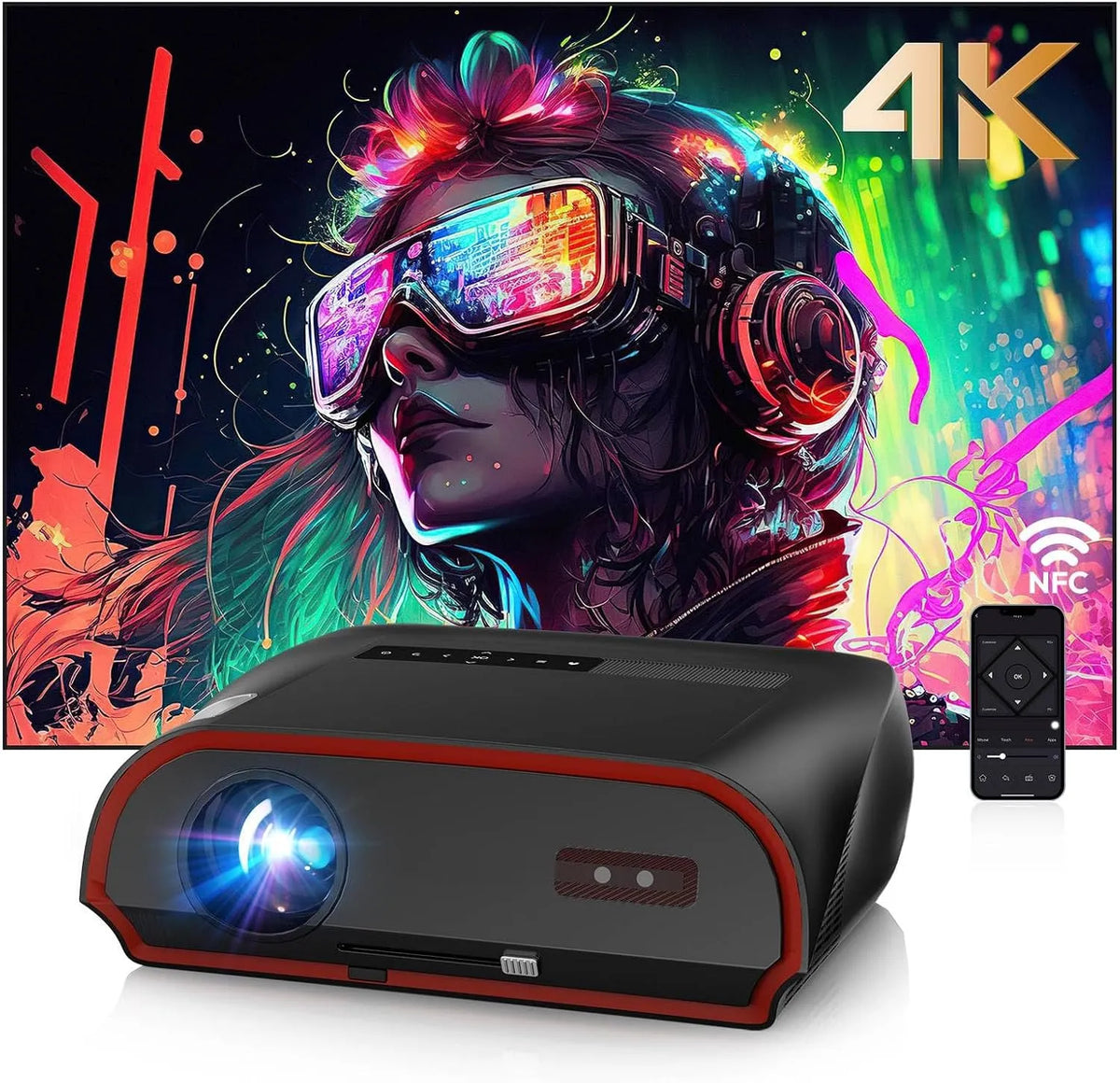 CWEUG, Projektory, 1800 ANSI Daylight 4K Domácí kino Beamer pro interiéry, s WLAN 6 & Bluetooth, Černá, 4K, 2, 4 G, 5 G, 3.5 mm