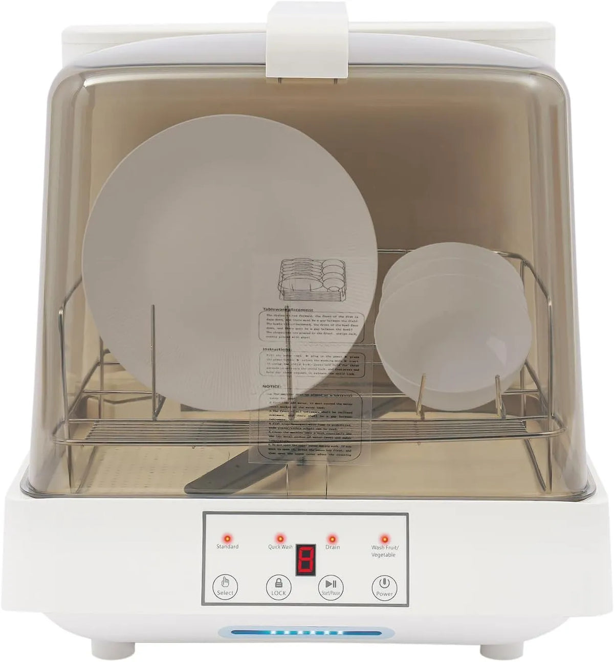 RUETERY, Stolní myčky nádobí, Stolní myčka na nádobí Mini 8L vodní nádrž, 3 čisticí programy, 360 ° čištění, Bílá, 8L, 22 cm, 220V, 50 Hz
