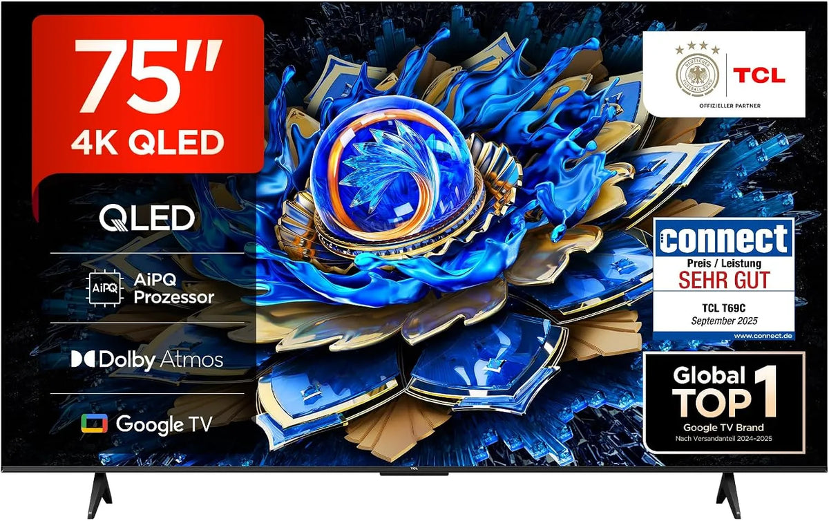 TCL 75T69C, Televizory, 75 palců QLED, Direct LED TV, 4K HDR TV, Smart Google TV (Dolby Vision & Atmos, Černá, QLED, 4K, 1G, 2G