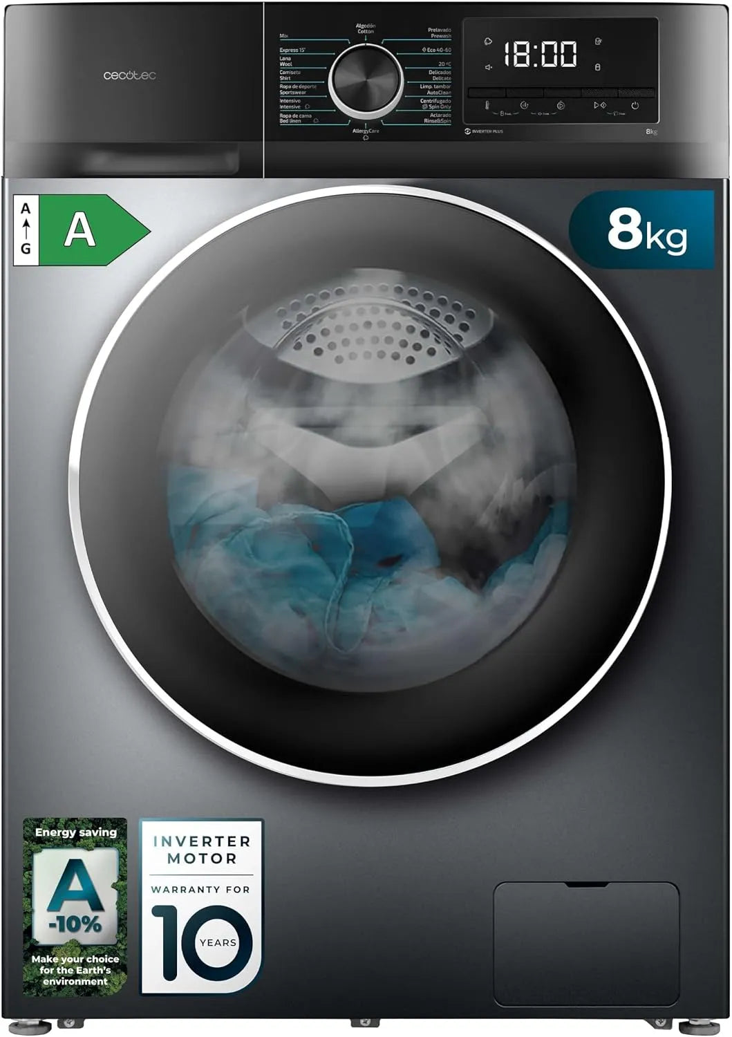 Cecotec, Pračky, Pračka 8 kg Bolero DressCode 8500 Inverter Steel A, Bílá, 8 kg