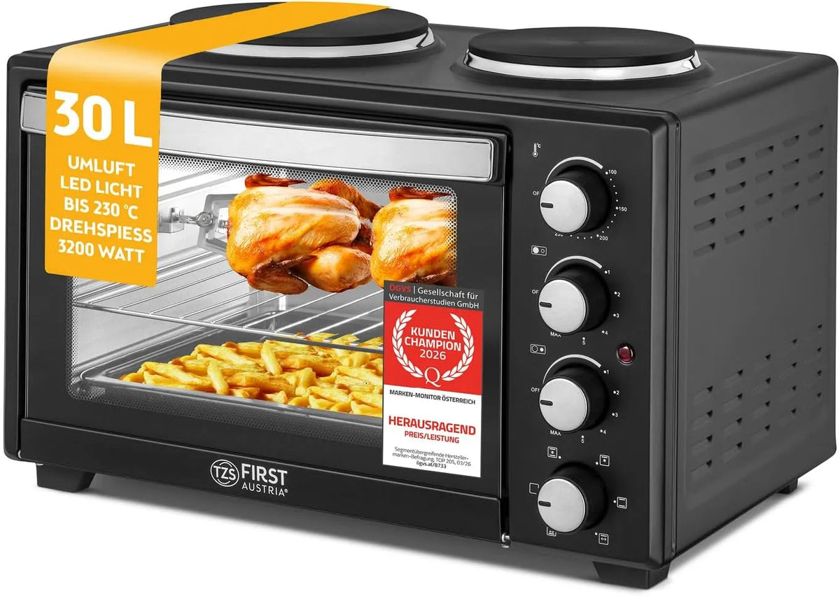 TZS First Austria, Mini trouby, TZS První Rakousko - Mini trouba s horkými deskami 30L 3200 W - Mini trouba pizza, Černá / stříbrná, 30L, 3200 W