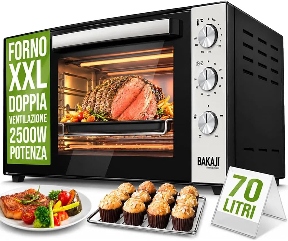 BAKAJI, Trouby, Elektrická pec s cirkulující funkcí vzduchu, 70 litrů, 2500 W, do 250 ° C, Černá, 70 l