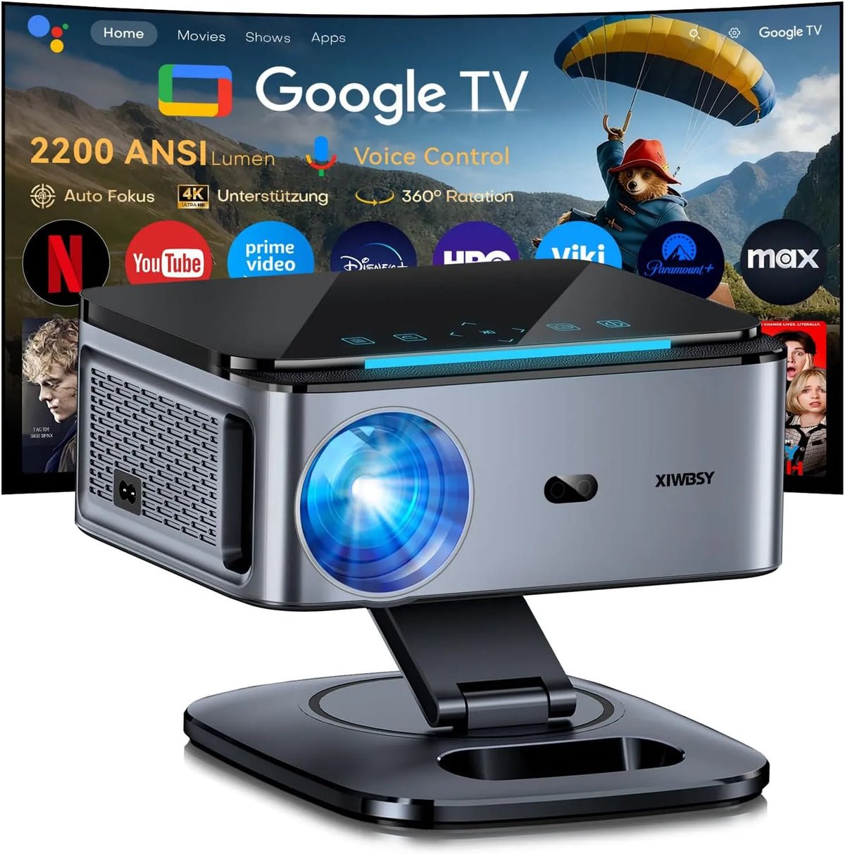 XIWBSY, Projektory, Beamer s Google TV 14.0 Podporuje 4K Autofocus 2200 ANSI 360 ° rotace, Černá, 4K, 1 G, 32 G, Full HD