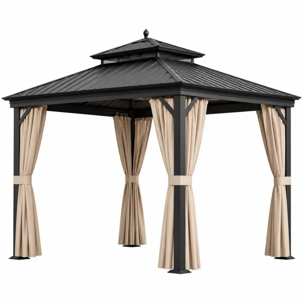 pérgola de jardín estructura de acero con techo metálico rígido y cortinas laterales de poliéster color negro beige 300 cm x 300 cm x 280 cm