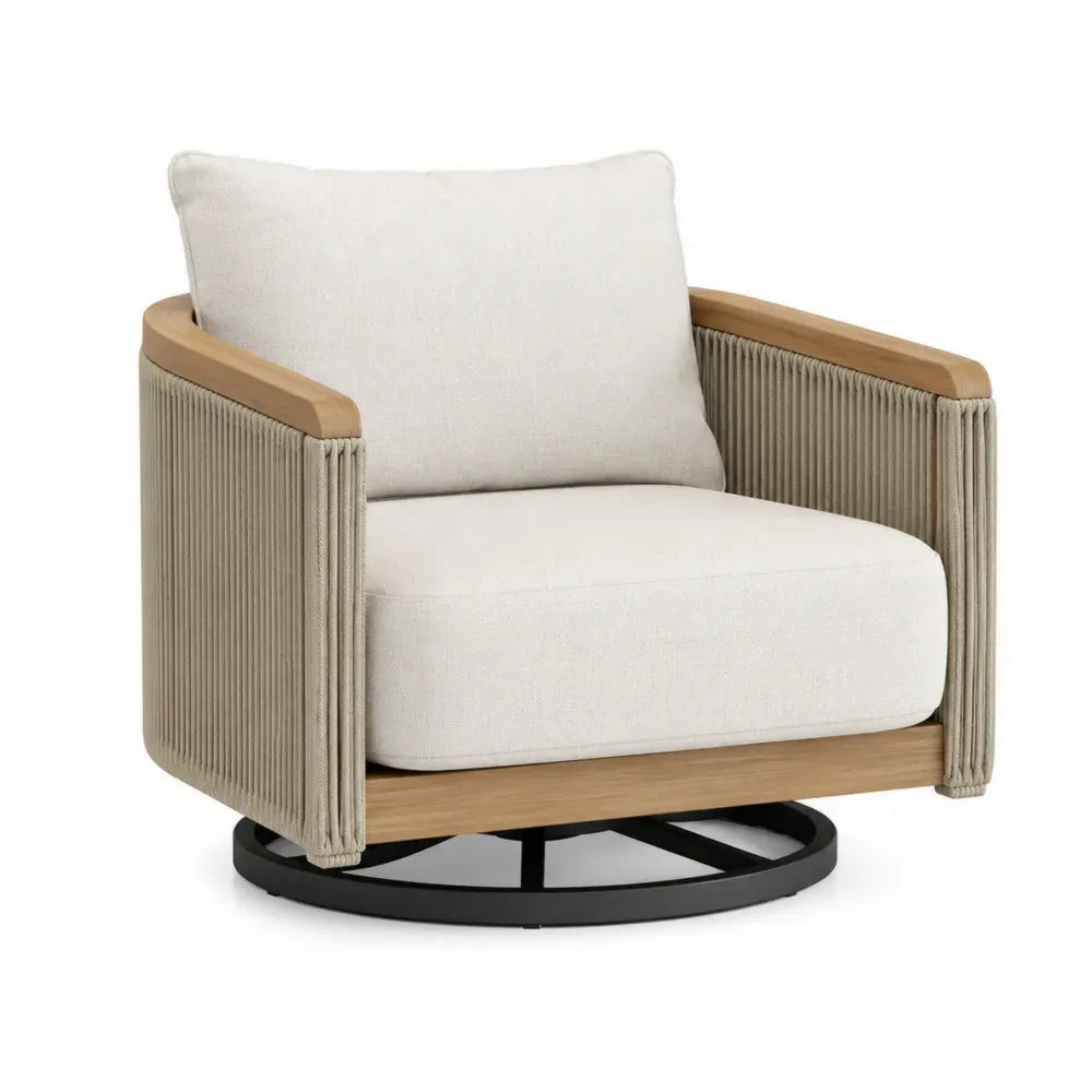 Sillón de exterior giratorio con estructura de madera de acacia y cuerda de poliéster beige madera natural y negro 95 x 90 x 82 cm