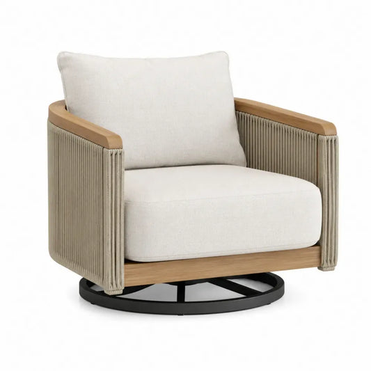 Sillón de exterior giratorio con estructura de madera de acacia y cuerda de poliéster beige madera natural y negro 95 x 90 x 82 cm