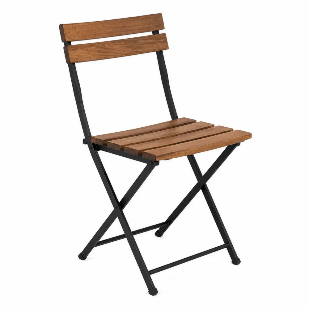 silla de exterior plegable de madera maciza y estructura de acero negro estilo jardín terraza