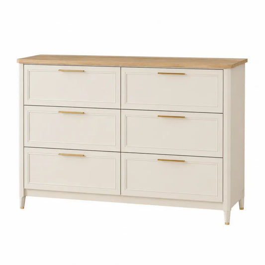 cómoda de 6 cajones MDF con encimera de madera estructura blanca y madera natural tiradores dorados 120 cm x 40 cm x 80 cm