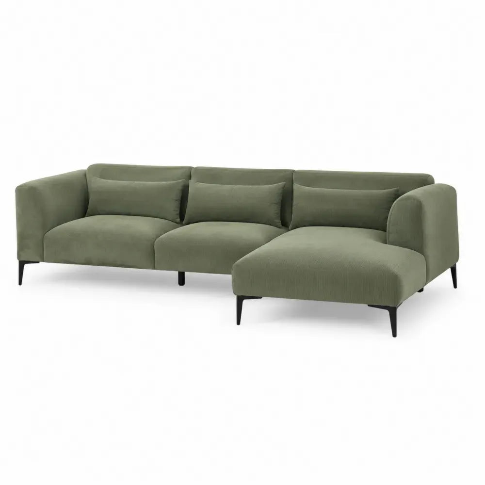 Sofá esquinero de 3 plazas tapizado en poliéster chenilla verde oliva con chaise longue derecha y patas metálicas negras 280 x 160 x 85 cm