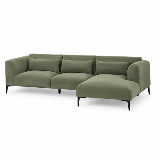Sofá esquinero de 3 plazas tapizado en poliéster chenilla verde oliva con chaise longue derecha y patas metálicas negras 280 x 160 x 85 cm