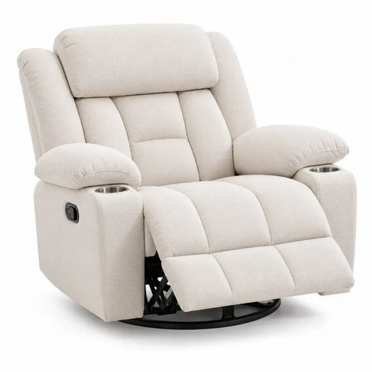 Sillón reclinable giratorio tapizado en poliéster beige claro con reposapiés extensible y 2 portavasos 85 x 95 x 105 cm