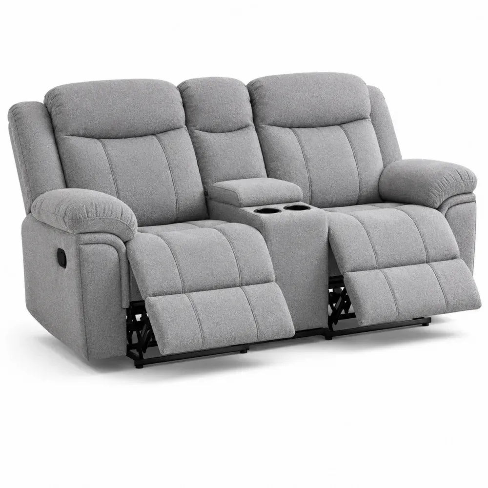 Sofá reclinable de 2 plazas tapizado en poliéster gris claro con consola central y portavasos dobles 200 x 95 x 105 cm