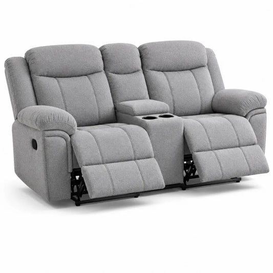 Sofá reclinable de 2 plazas tapizado en poliéster gris claro con consola central y portavasos dobles 200 x 95 x 105 cm