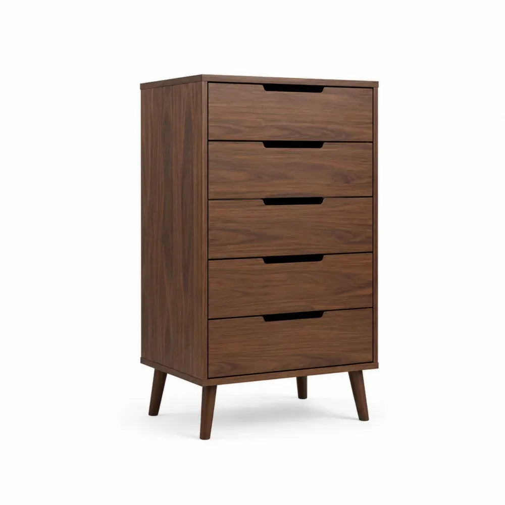 Cómoda rectangular de MDF y tablero de partículas efecto nogal con 5 cajones y patas inclinadas 60 x 40 x 100 cm