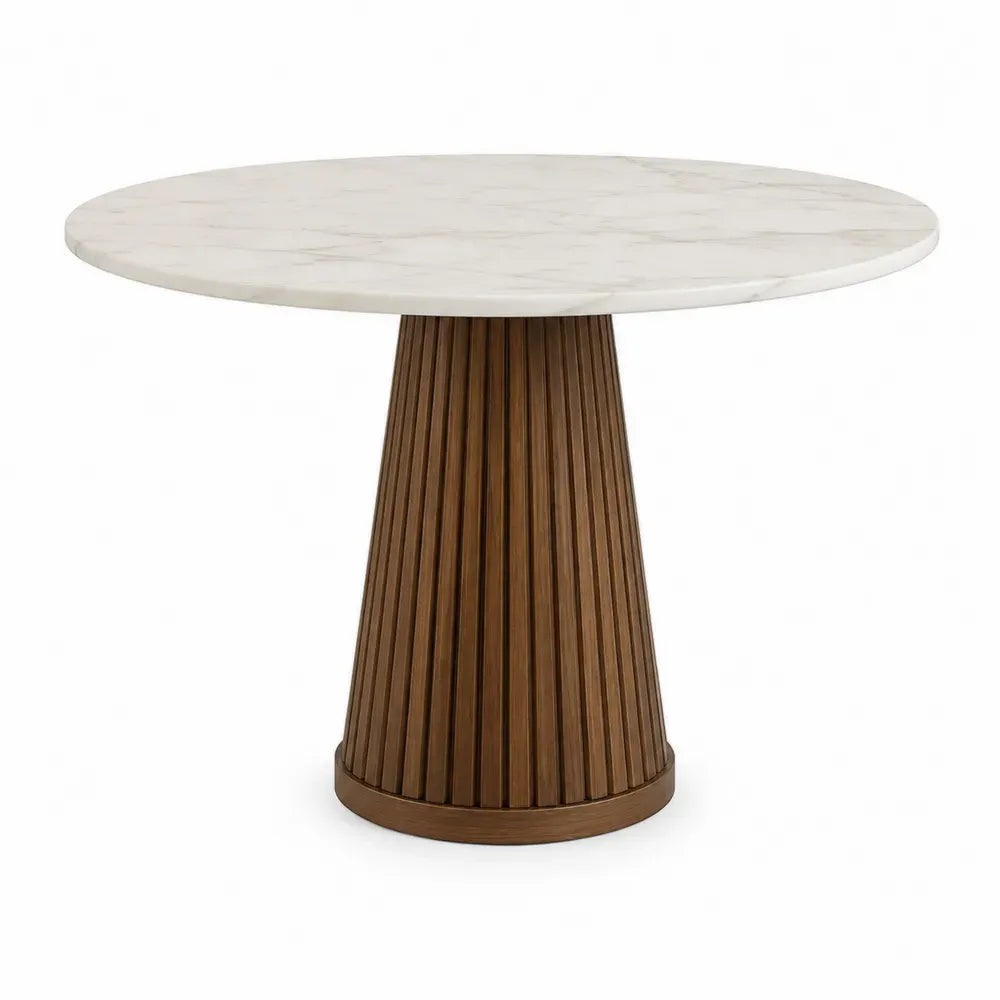 mesa de comedor redonda de mármol blanco con base cilíndrica de madera estriada estilo moderno 120 cm x 120 cm x 75 cm