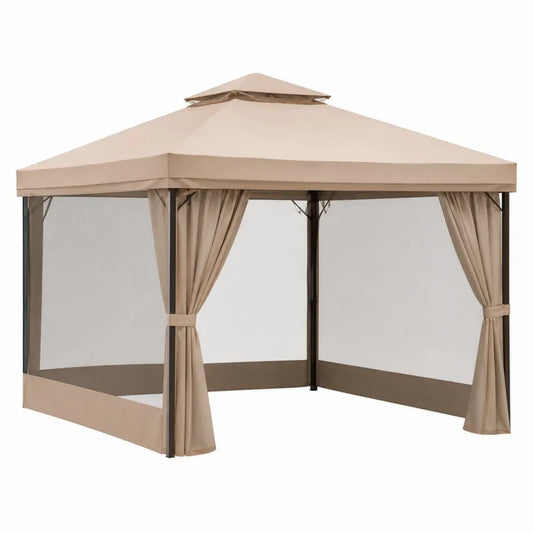 Gazebo cuadrado de exterior con estructura de acero negro y toldo de poliéster beige con cortinas 300 x 300 x 280 cm