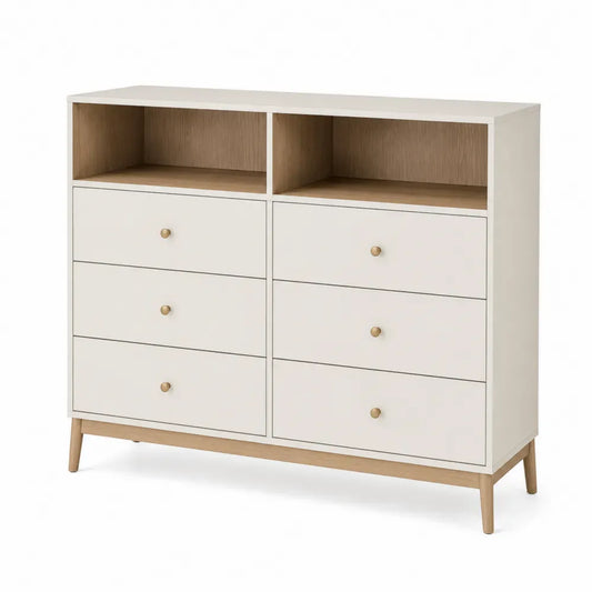 Cómoda de 6 cajones con nichos abiertos MDF melamina blanco madera natural patas de madera 120 cm x 40 cm x 90 cm