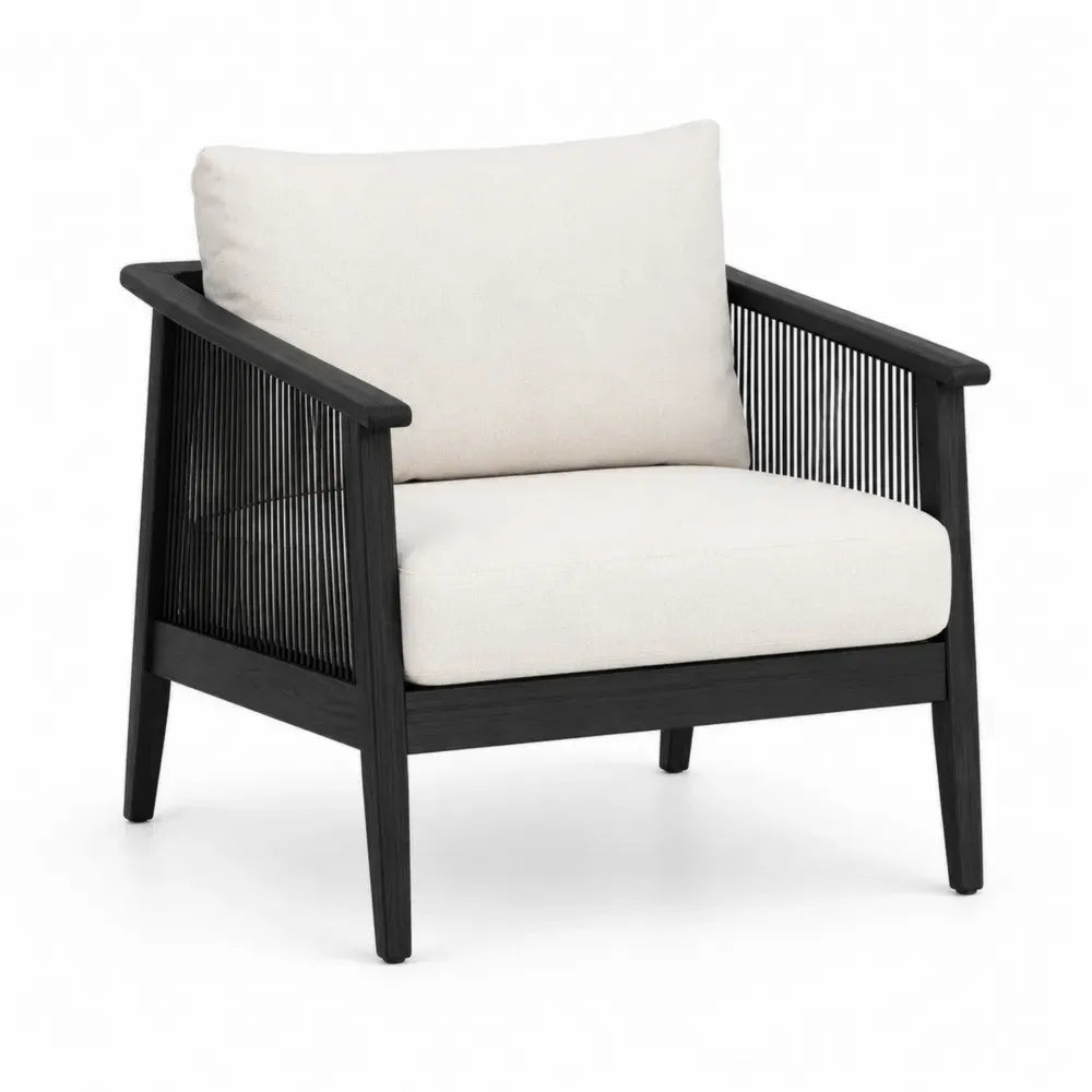Sillón de exterior con reposabrazos de madera maciza de acacia y paneles de cuerda de poliéster negro y beige 70 x 72 x 75 cm