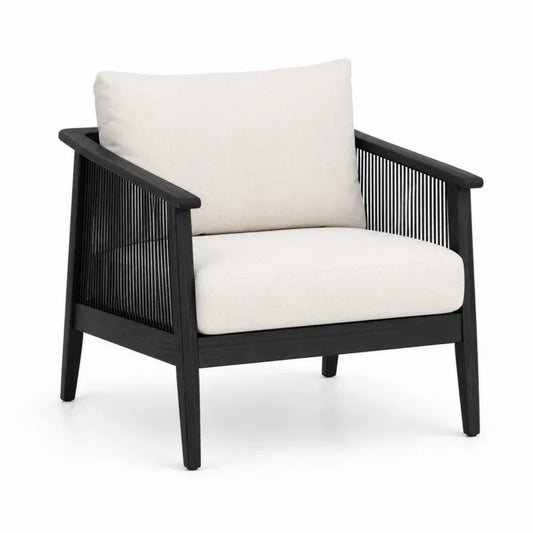 Sillón de exterior con reposabrazos de madera maciza de acacia y paneles de cuerda de poliéster negro y beige 70 x 72 x 75 cm