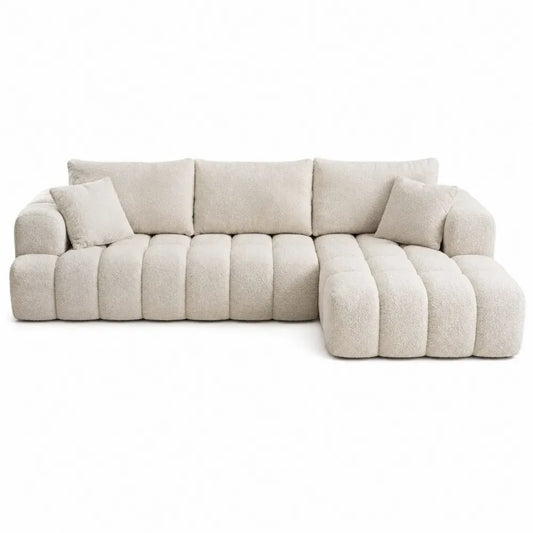 Sofá seccional modular en L tapizado en poliéster bouclé beige claro con chaise longue derecha 280 x 170 x 78 cm