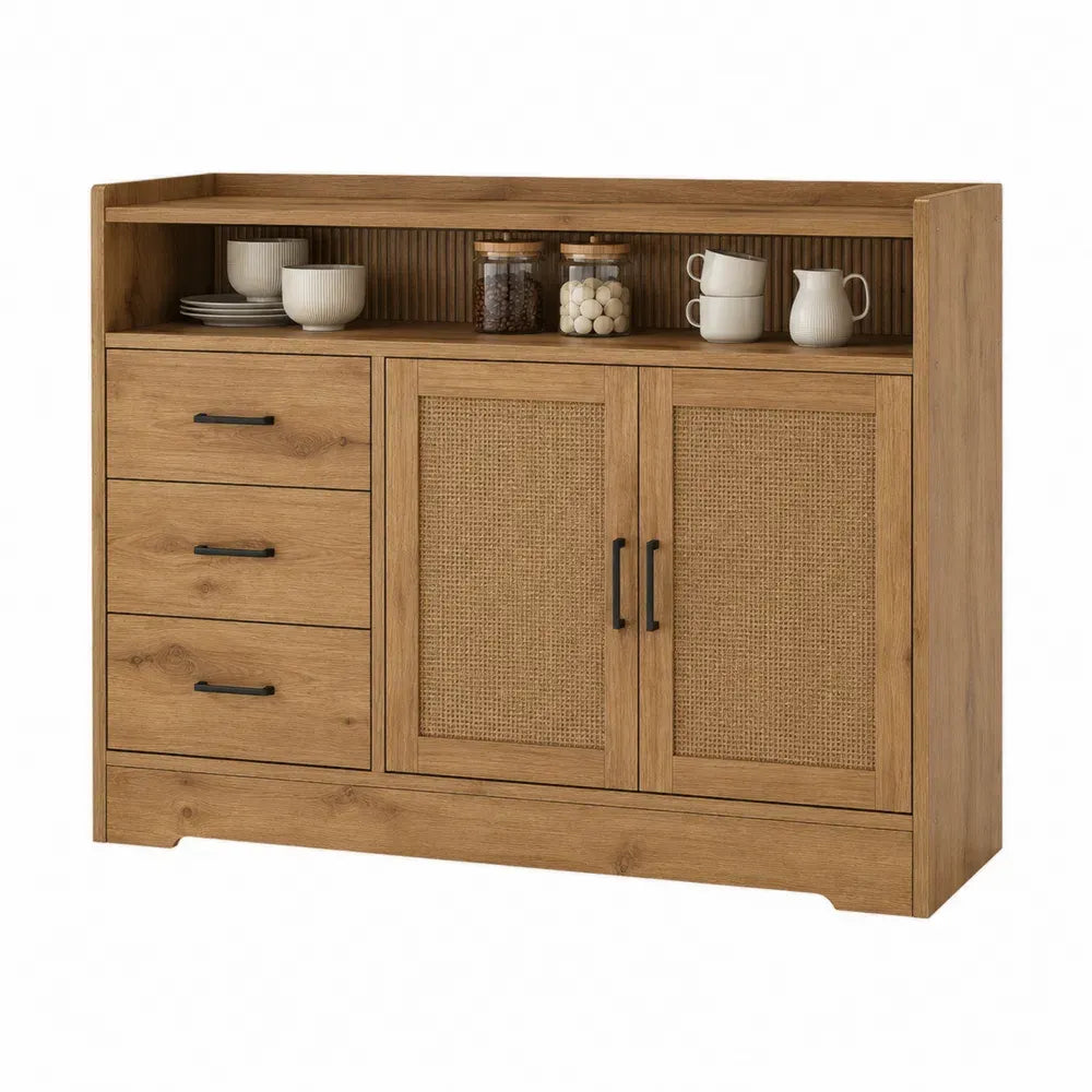 Aparador de cocina y comedor con 3 cajones 2 puertas de ratán y estante abierto efecto madera natural 120 x 40 x 85 cm
