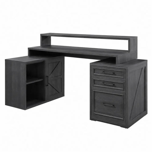 Escritorio en L de MDF con estantería superior y módulos de almacenamiento negro madera 150 cm x 120 cm x 75 cm