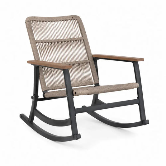 silla mecedora de exterior ratán sintético beige 85 cm x 75 cm x 95 cm con estructura de acero negro y reposabrazos de madera natural