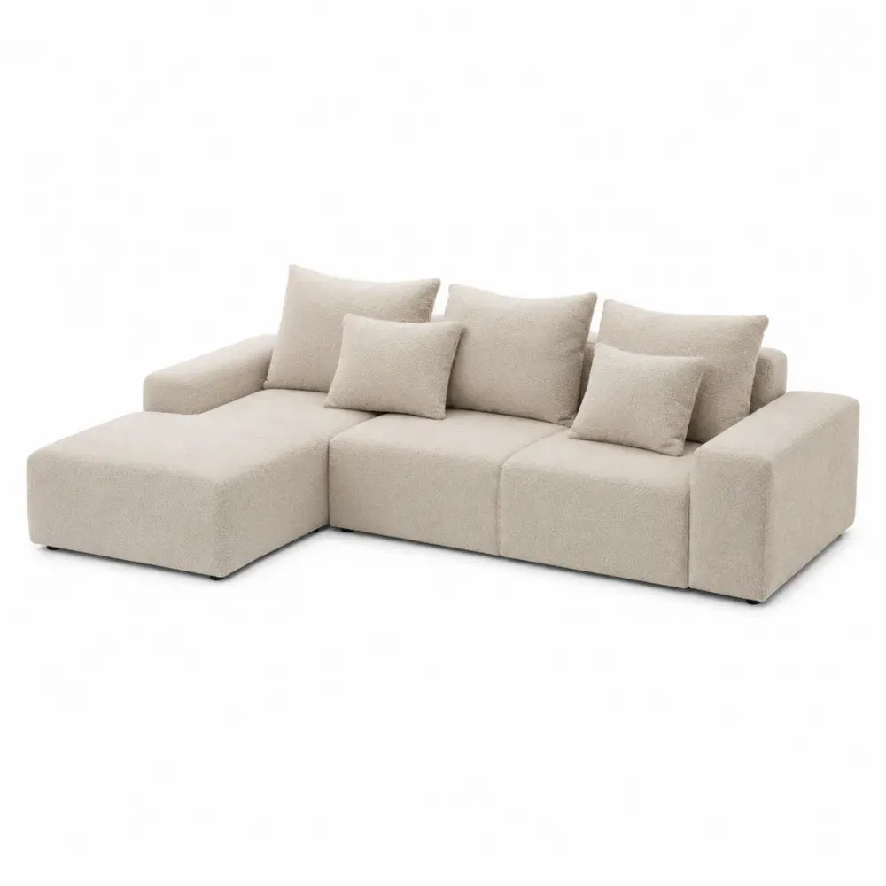 Sofá seccional modular en L tapizado en poliéster bouclé beige con chaise longue izquierda 260 x 160 x 78 cm