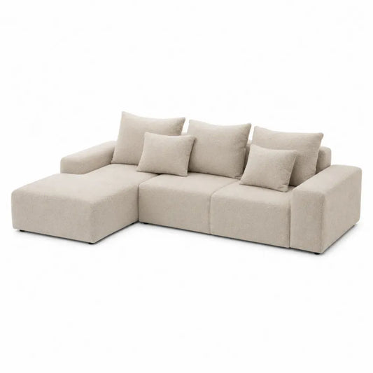 Sofá seccional modular en L tapizado en poliéster bouclé beige con chaise longue izquierda 260 x 160 x 78 cm
