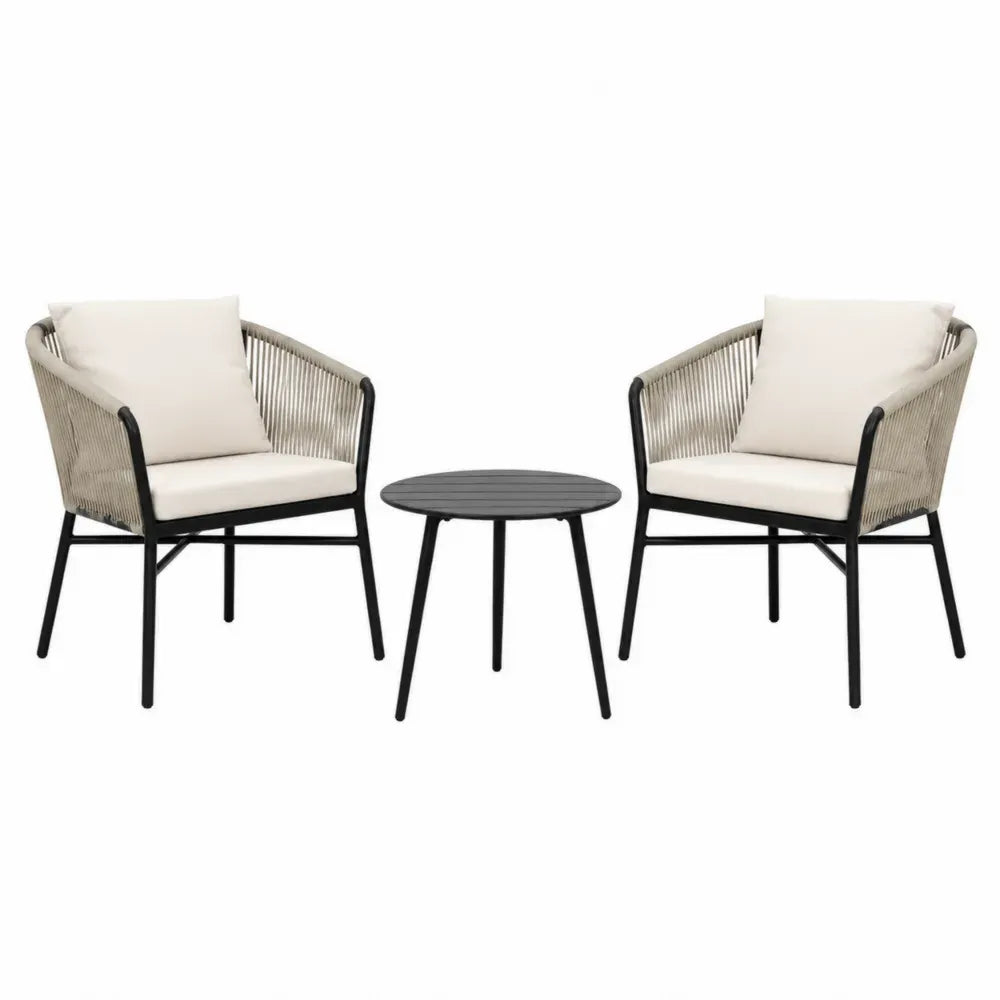 Conjunto de muebles de exterior de 3 piezas con 2 sillones de cuerda de poliéster y mesa redonda de acero negro y beige silla 60 x 65 x 75 cm mesa diámetro 50 x 45 cm