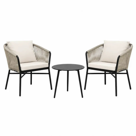 Conjunto de muebles de exterior de 3 piezas con 2 sillones de cuerda de poliéster y mesa redonda de acero negro y beige silla 60 x 65 x 75 cm mesa diámetro 50 x 45 cm