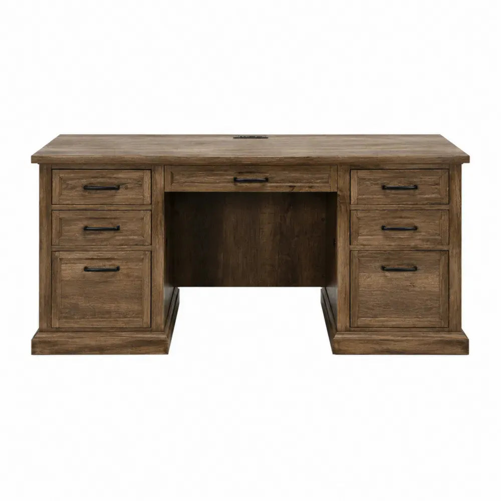 Escritorio rectangular de MDF efecto madera marrón con 7 cajones tiradores negros y pasacables 160 cm x 70 cm x 75 cm